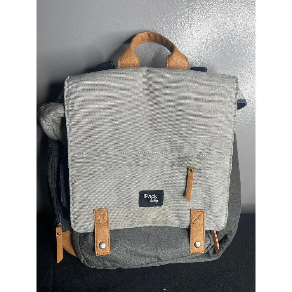 iPack Baby Diaper Bag Backpack Grey Tan Two Tone Insulated Pocket Functional